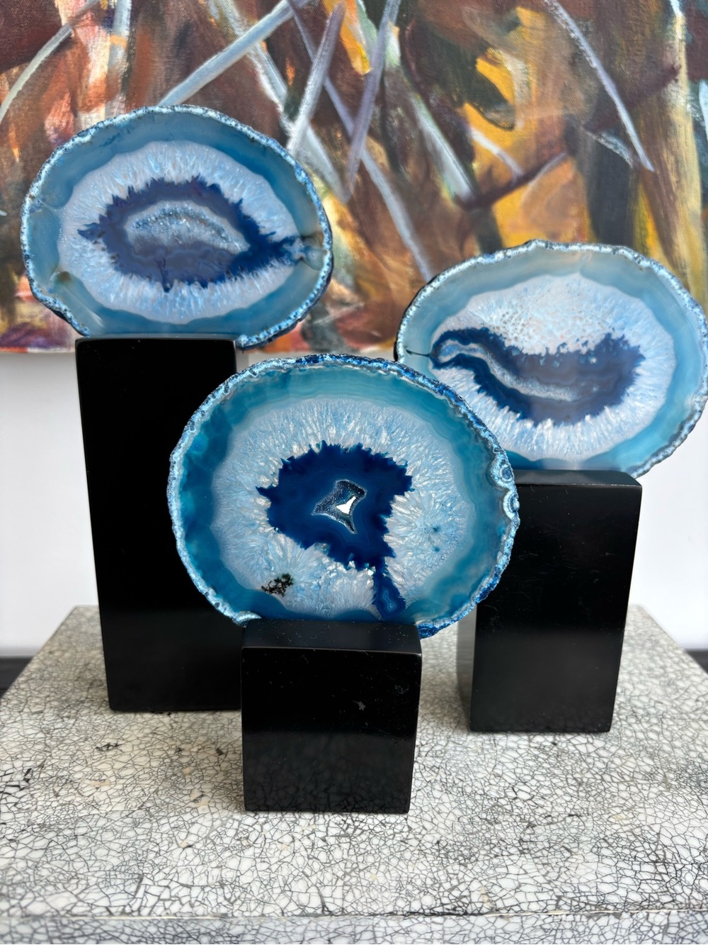 Trio of Large Brazilian Blue Agate Slices on Custom Weighted Pedestal Stands